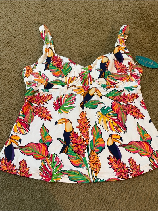 Mynah Other - White Tropical Toucan tankini swim top size large